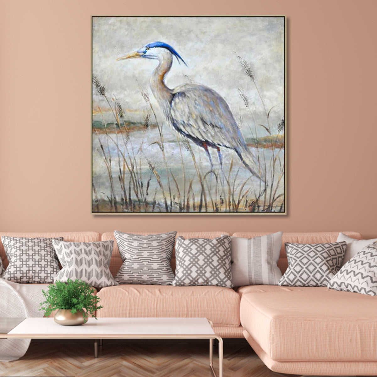 Elegant Heron in Tranquil Waters - Serene Landscape Oil Painting