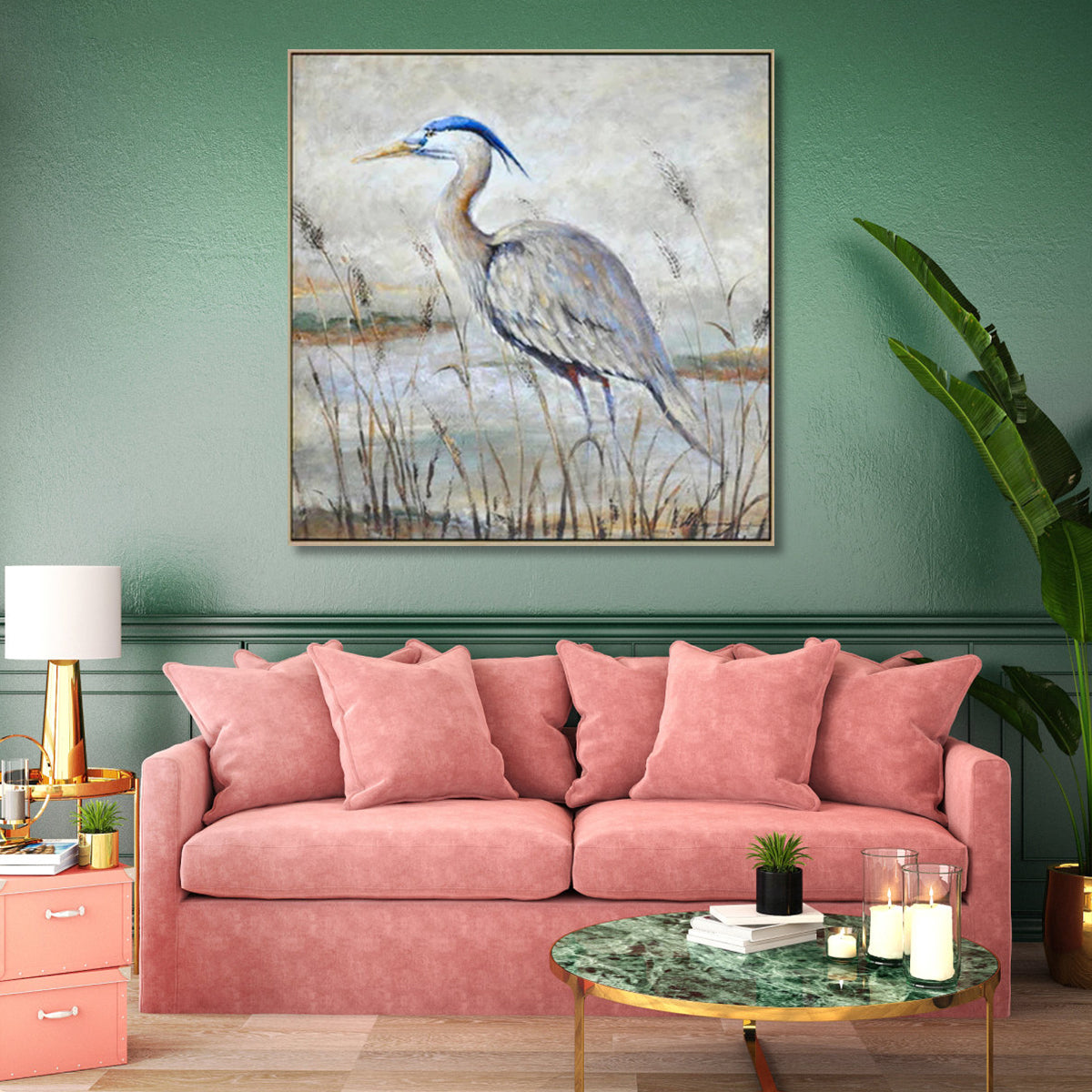 Elegant Heron in Tranquil Waters - Serene Landscape Oil Painting