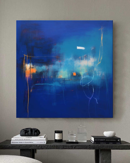 Vibrant Abstract Oil Painting in Blue and Orange for Modern Home Decor