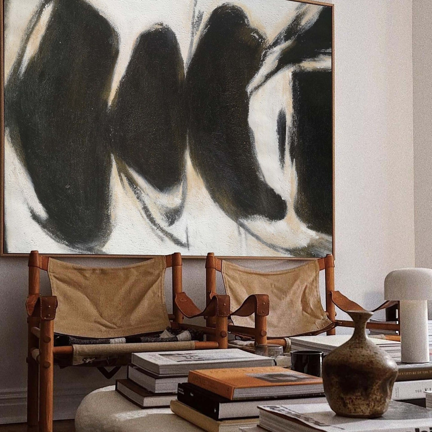 Abstract Black and White Oil Painting for Modern Home Decor