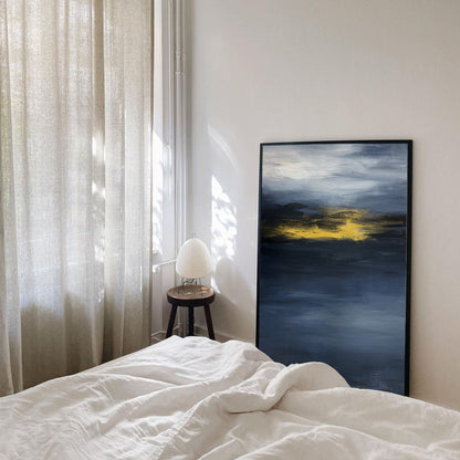 Contemporary Abstract Oil Painting with Dynamic Blue and Yellow Hues