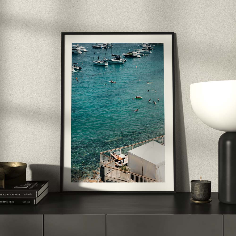 Serene Catalina Beach Scene with Bathers and Moored Boats