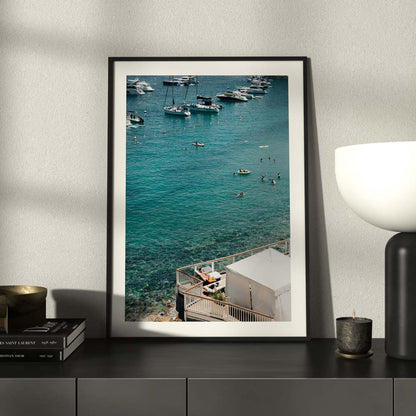 Serene Catalina Beach Scene with Bathers and Moored Boats