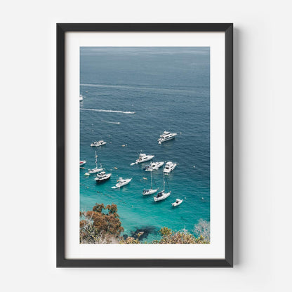 Tranquil Coastal Serenity: Boats on Crystal Blue Waters Oil Painting