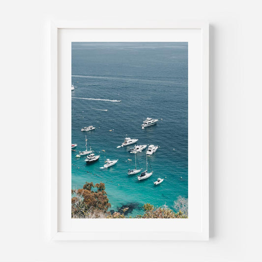Tranquil Coastal Serenity: Boats on Crystal Blue Waters Oil Painting