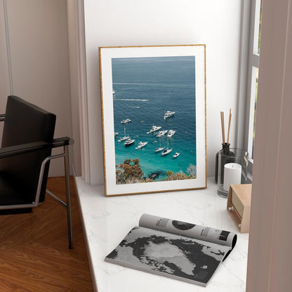 Tranquil Coastal Serenity: Boats on Crystal Blue Waters Oil Painting