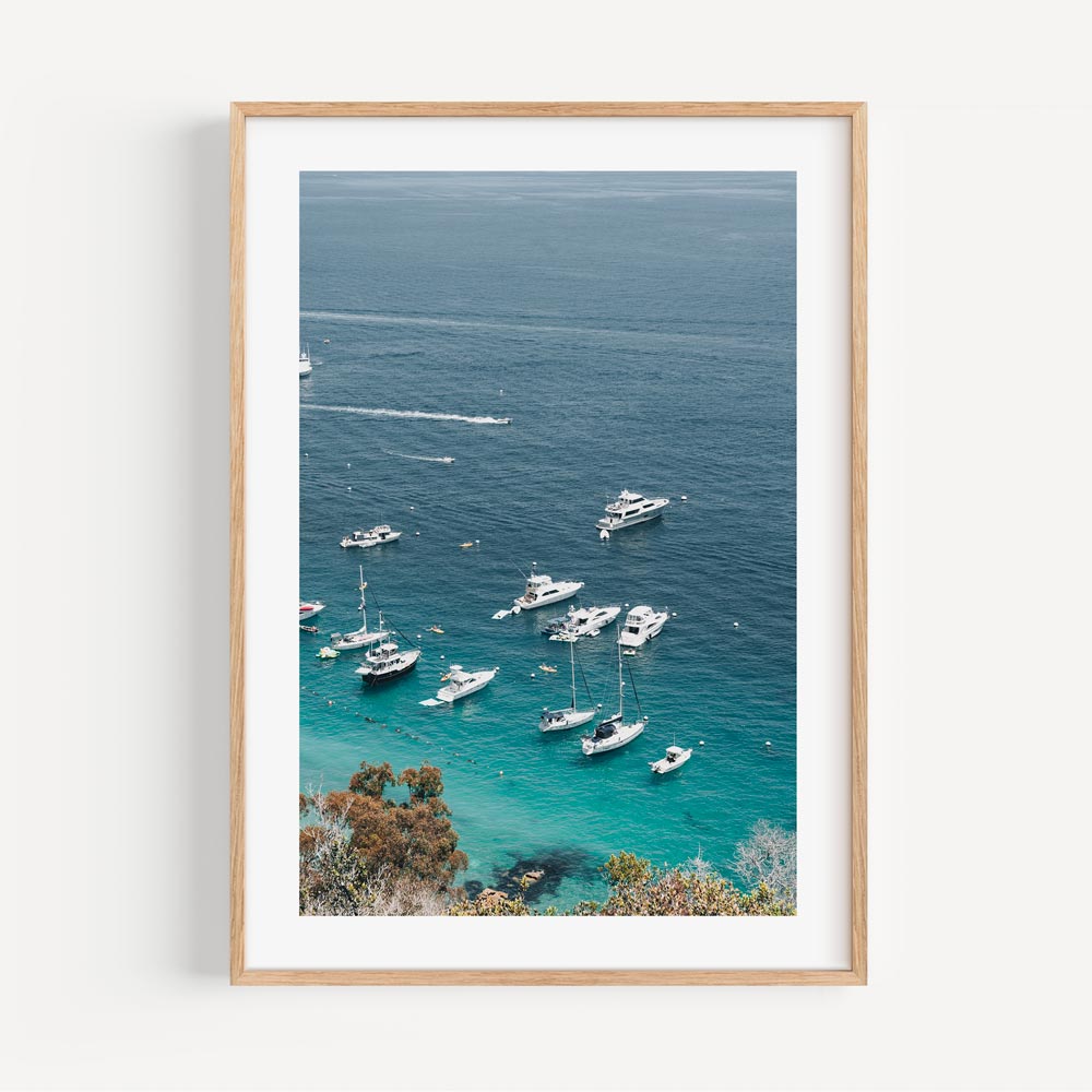 Tranquil Coastal Serenity: Boats on Crystal Blue Waters Oil Painting