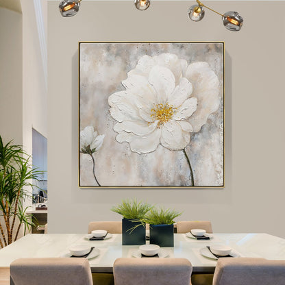 Elegant White Flower Oil Painting with Sunlit Background for Home Decor