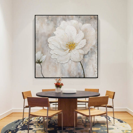 Elegant White Flower Oil Painting with Sunlit Background for Home Decor
