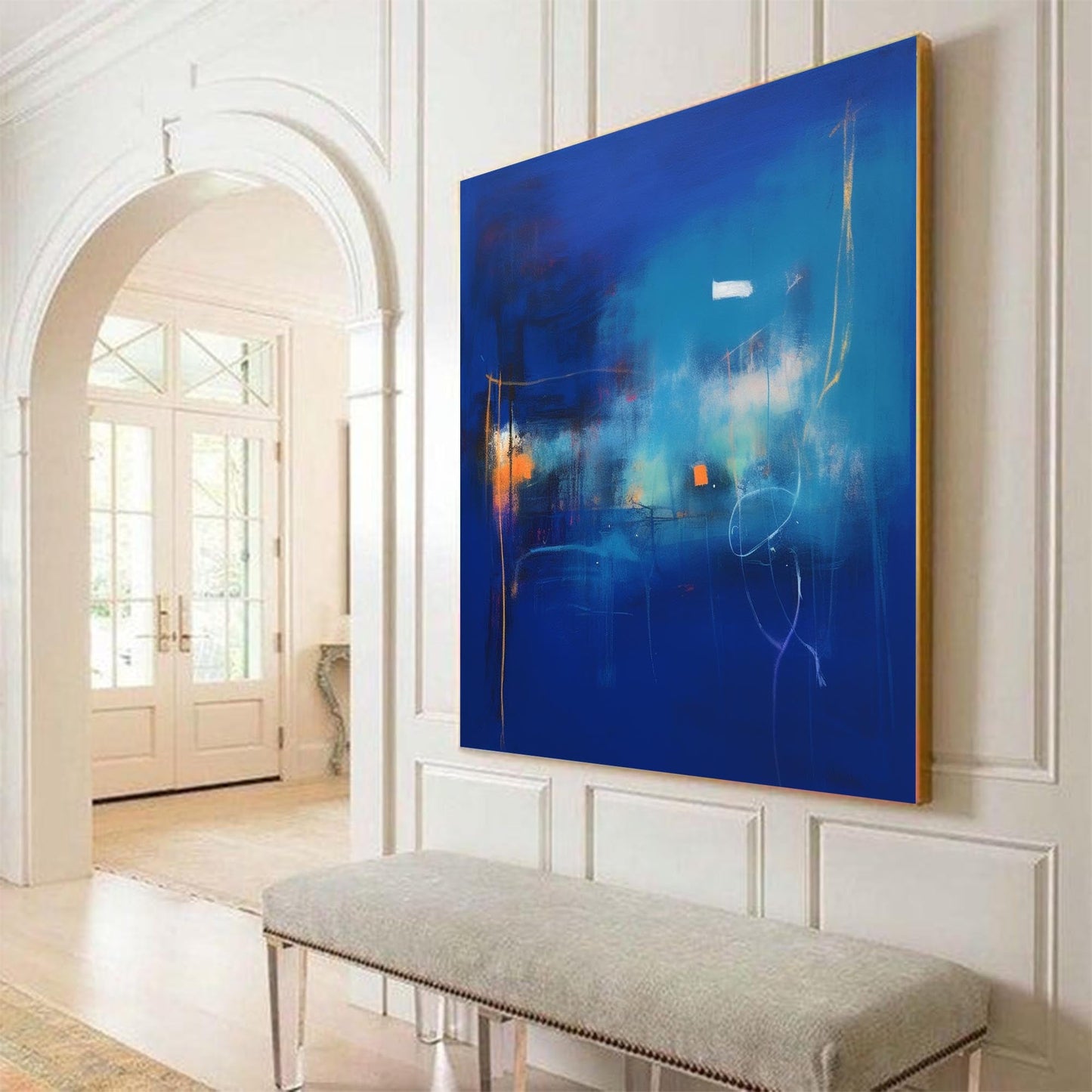 Vibrant Abstract Oil Painting in Blue and Orange for Modern Home Decor