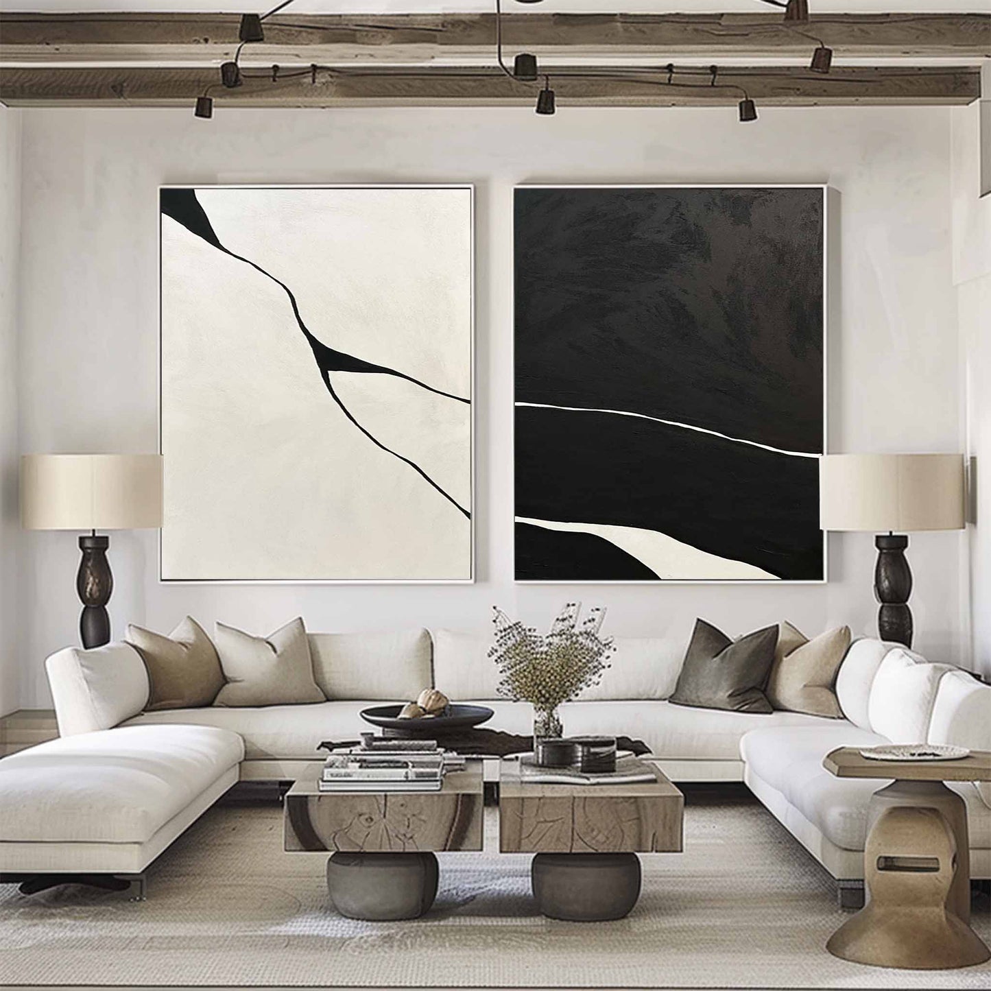 Two-Piece Black and White Abstract Oil Painting Set for Modern Home Decor