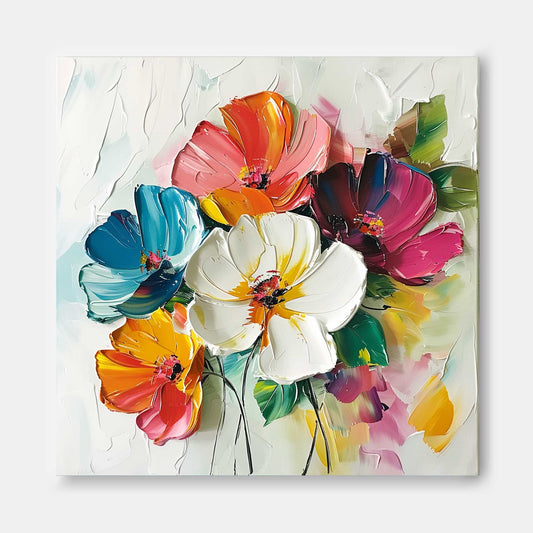 Vibrant Floral Oil Painting – Colorful Blossom Canvas Art for Home Decor