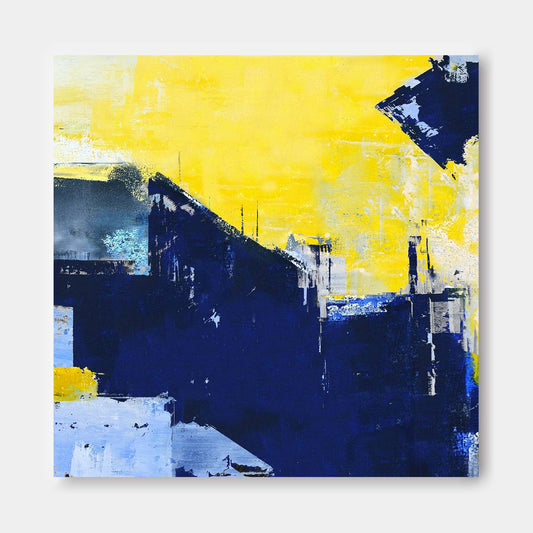 Vibrant Abstract Oil Painting with Blue and Yellow Tones for Modern Decor