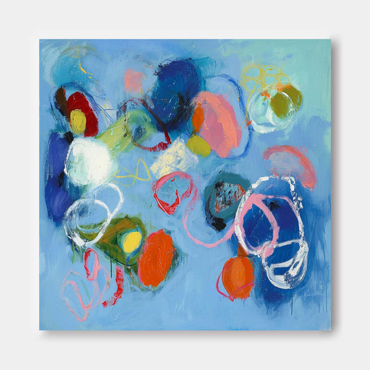 Vibrant Abstract Oil Painting with Blue Background and Colorful Circular Patterns