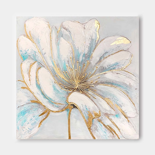Elegant White Flower Oil Painting with Gold Accents for Home Decor