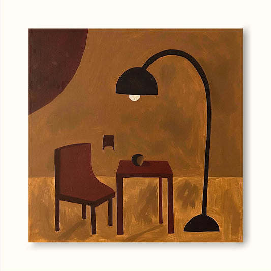 Contemporary Vintage Abstract Oil Painting with Chair and Lamp Design