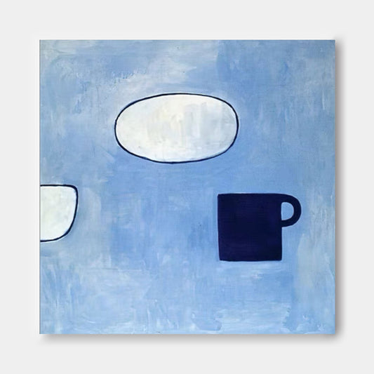 Contemporary Blue Minimalist Oil Painting with Abstract Cups and Shapes