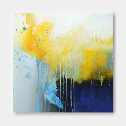 Vibrant Abstract Oil Painting with Yellow and Blue Splashes for Modern Home Decor