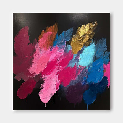 Vibrant Abstract Oil Painting with Colorful Floral Brushstrokes on Black Canvas