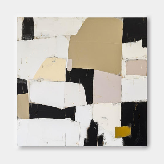 Contemporary Abstract Oil Painting in Black, White, and Gold Tones for Modern Interiors
