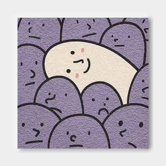 Charming Minimalist Oil Painting of Smiling Character Among Purple Faces