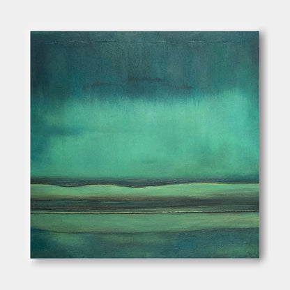 Serene Minimalist Oil Painting with Tranquil Green Tones for Modern Decor