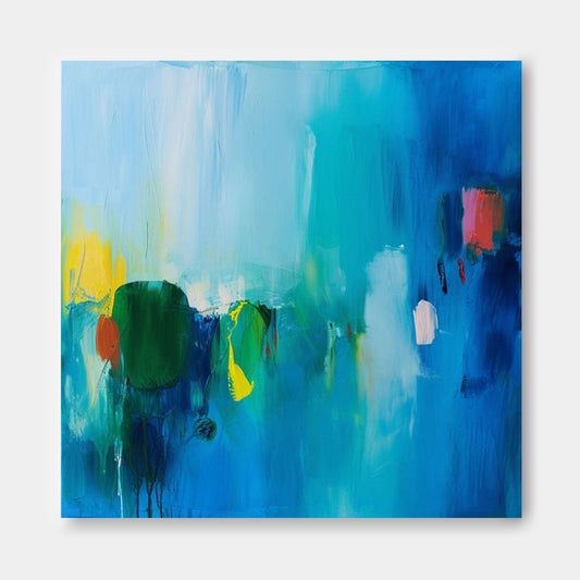 Vibrant Abstract Oil Painting with Blue and Green Hues for Modern Home Decor