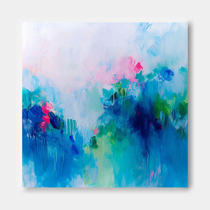 Vibrant Abstract Landscape Oil Painting in Blue and Pink Tones for Modern Decor