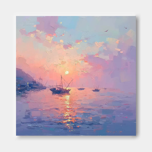 Majestic Sunset Over Tranquil Waters - Serene Oil Painting for Home Decor