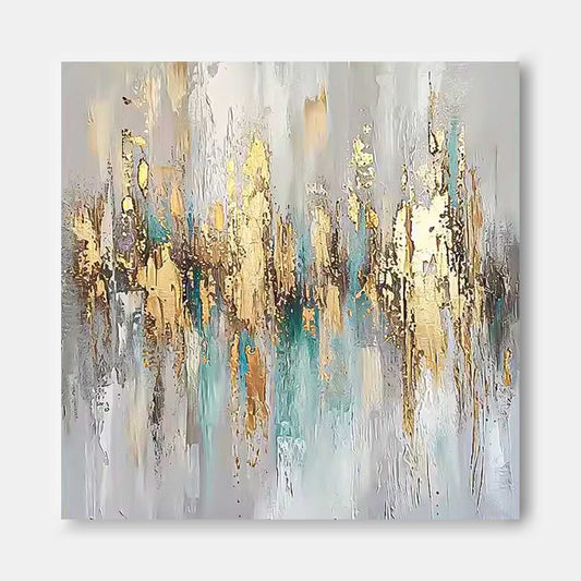 Stunning Abstract Oil Painting in Gold and Teal for Modern Home Decor