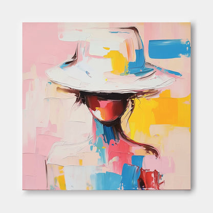 Vibrant Abstract Portrait with Hat – Colorful Oil Painting for Modern Home Decor