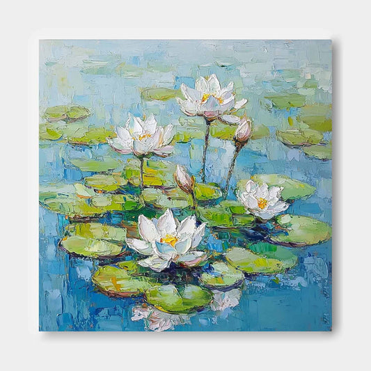 Serene Lotus Flowers Oil Painting on Canvas for Tranquil Home Decor