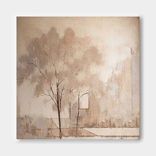 Serene Abstract Oil Painting of Trees in Soft Earth Tones for Modern Home Decor