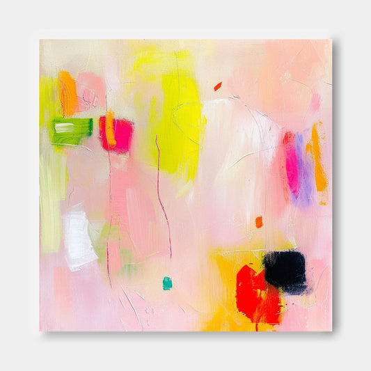 Vibrant Abstract Oil Painting in Soft Pink and Yellow Hues for Modern Home Decor