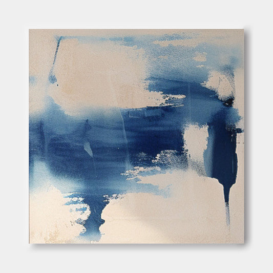 Contemporary Abstract Oil Painting in Blue and Cream for Modern Home Decor