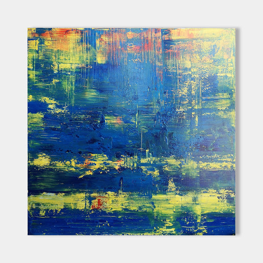 Vibrant Blue and Yellow Abstract Oil Painting for Modern Home Decor