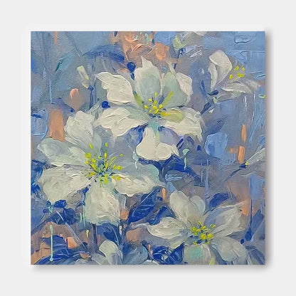 Elegant White Flower Oil Painting with Blue Background for Home Décor