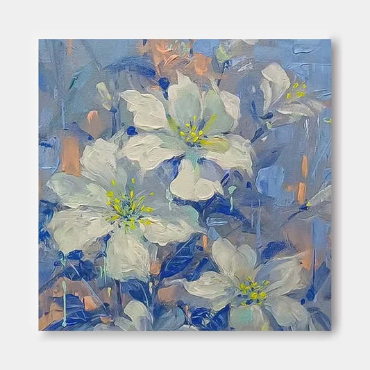 Elegant White Flower Oil Painting with Blue Background for Home Décor