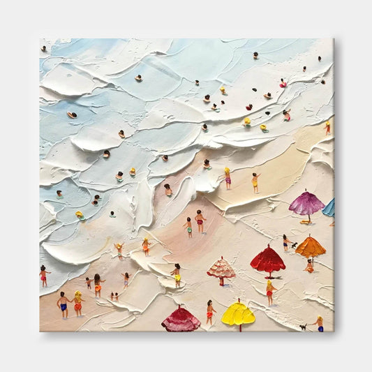 Vibrant Beach Scene Oil Painting with Colorful Umbrellas and Ocean Waves