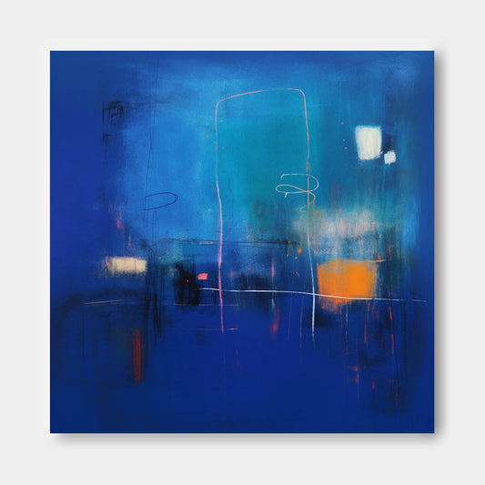 Vibrant Abstract Oil Painting in Blue and Orange for Modern Home Decor