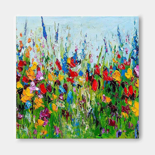 Vibrant Floral Oil Painting - Colorful Flower Garden Canvas Art for Home Decor