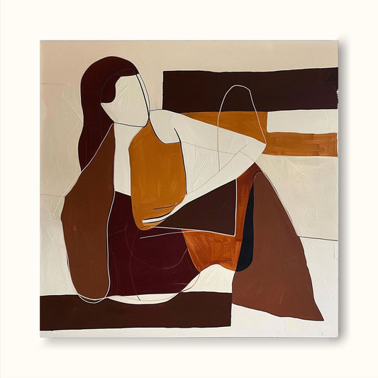 Contemporary Minimalist Oil Painting of Abstract Figures in Earthy Tones