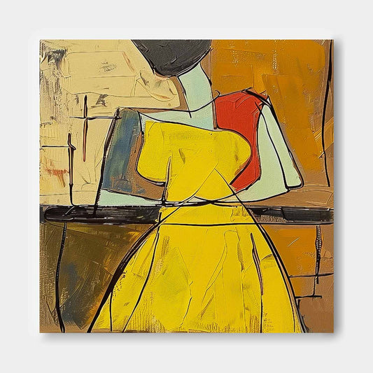 Colorful Abstract Oil Painting of a Woman in Yellow Dress - Modern Canvas Art