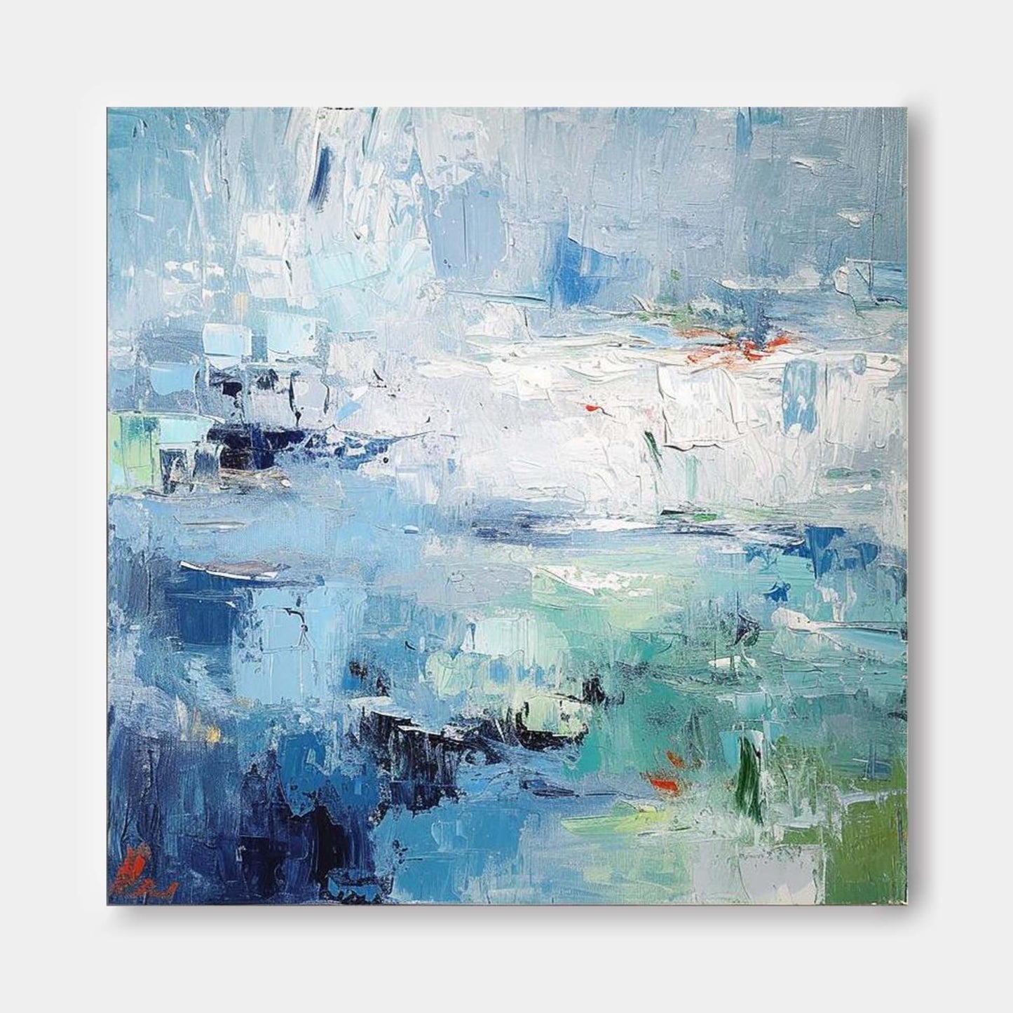 Tranquil Abstract Oil Painting in Blue and Green Hues for Modern Art Lovers