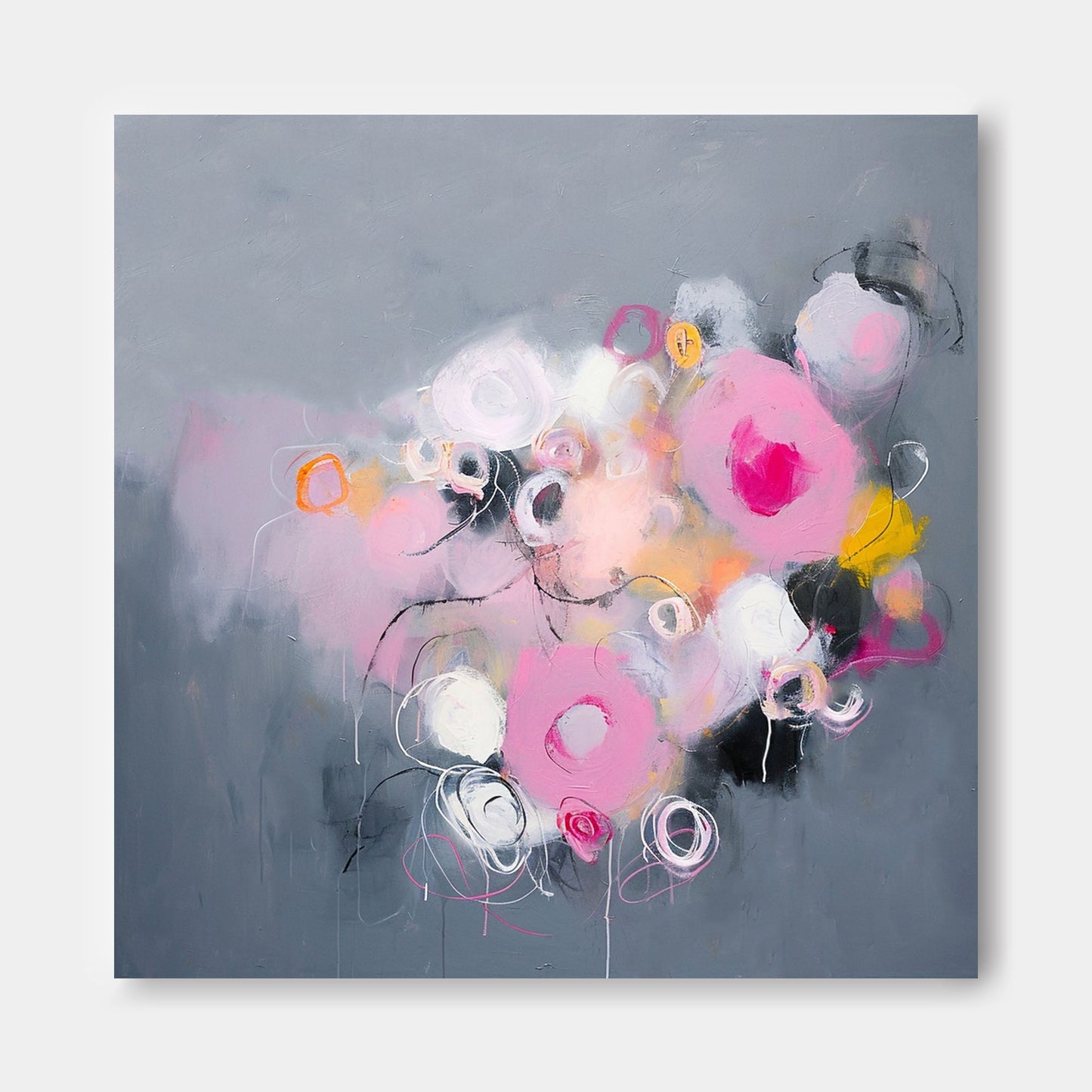 Whimsical Abstract Oil Painting with Pink and Gray Swirls for Modern Decor