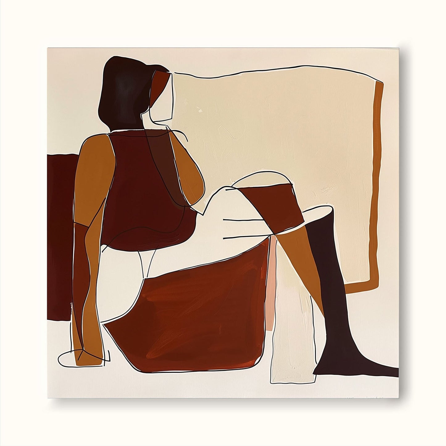 Contemporary Minimalist Oil Painting of Abstract Figures in Earthy Tones