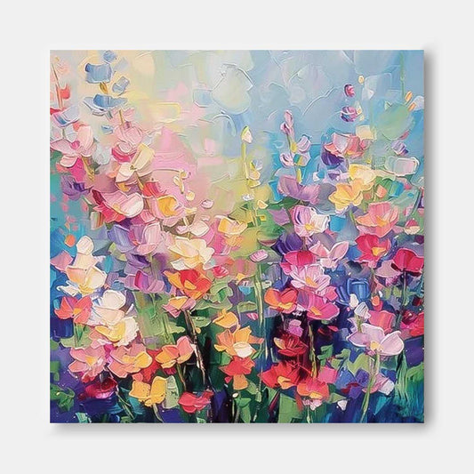 Vibrant Floral Oil Painting with Colorful Blooms and Lush Garden Background