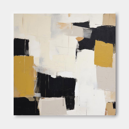 Contemporary Abstract Oil Painting with Black, White, and Gold Elements