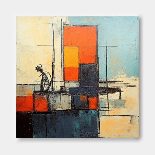 Contemporary Abstract Oil Painting with Vibrant Color Blocks and Dynamic Shapes