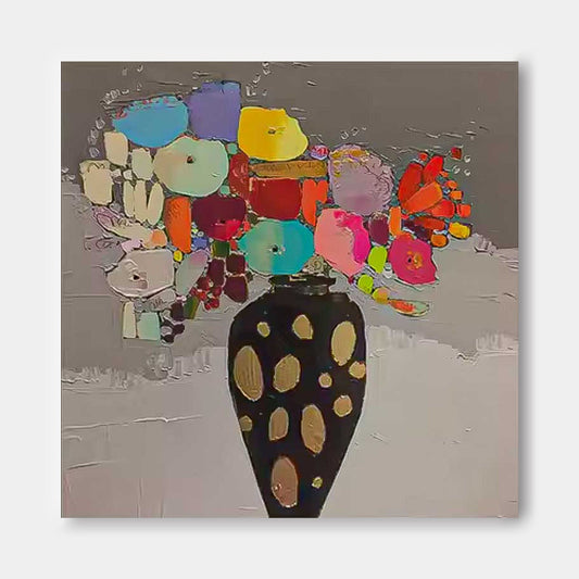 Vibrant Floral Still Life Oil Painting in Elegant Black Vase for Home Decor